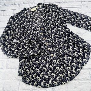 Maeve Navy and White Flamingo Print Button-Front Blouse